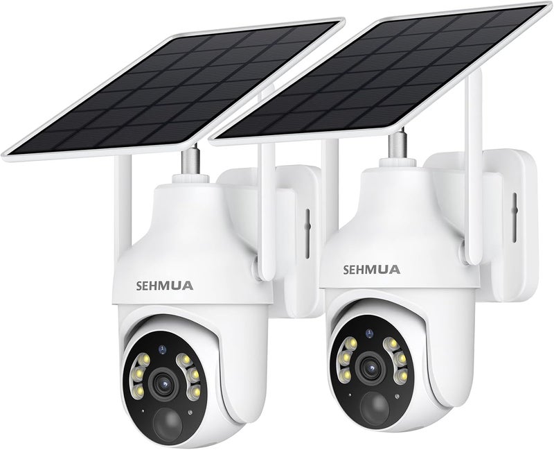 SEHMUA كاميرات أمان شمسية 2K لاسلكية خارجية، عبوة 2 بزاوية رؤية 360°، كاميرا أمان WiFi خارجية مع رؤية ليلية ملونة، سهلة التركيب، إنذار PIR، صوت ثنائي الاتجاه - Image 1